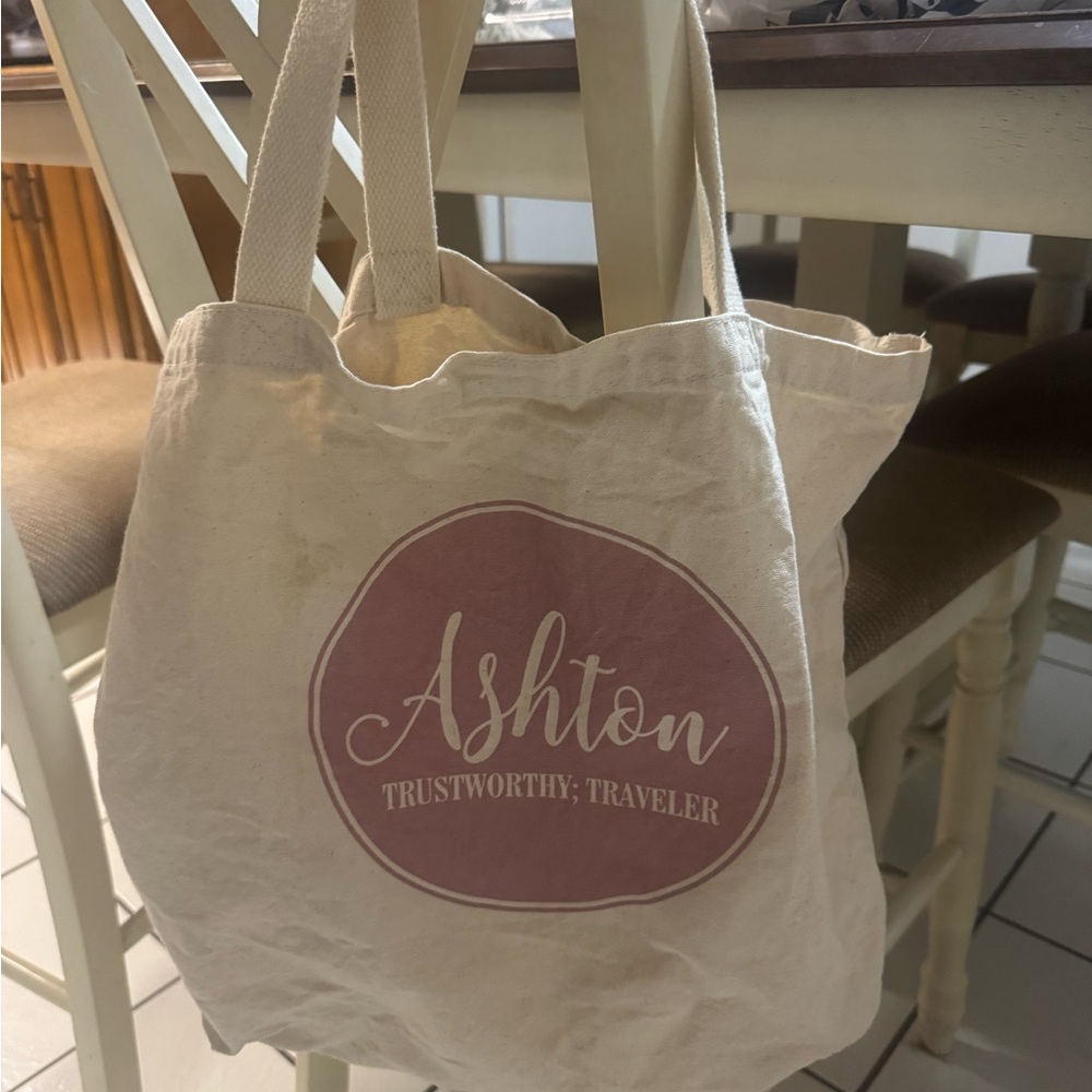 Cream and Pink Tote Bag with the name Ashton